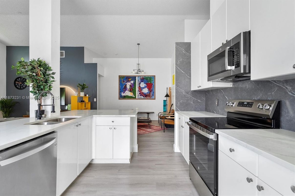 Interior, Kitchen, Pendant Lights, Stainless Steel Appliances, Wood Texture Flooring