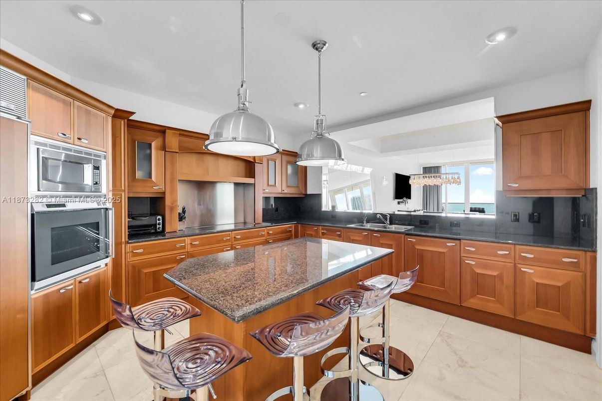 Interior, Kitchen, Marble, Pendant Lights, Recessed Lighting, Stainless Steel Appliances