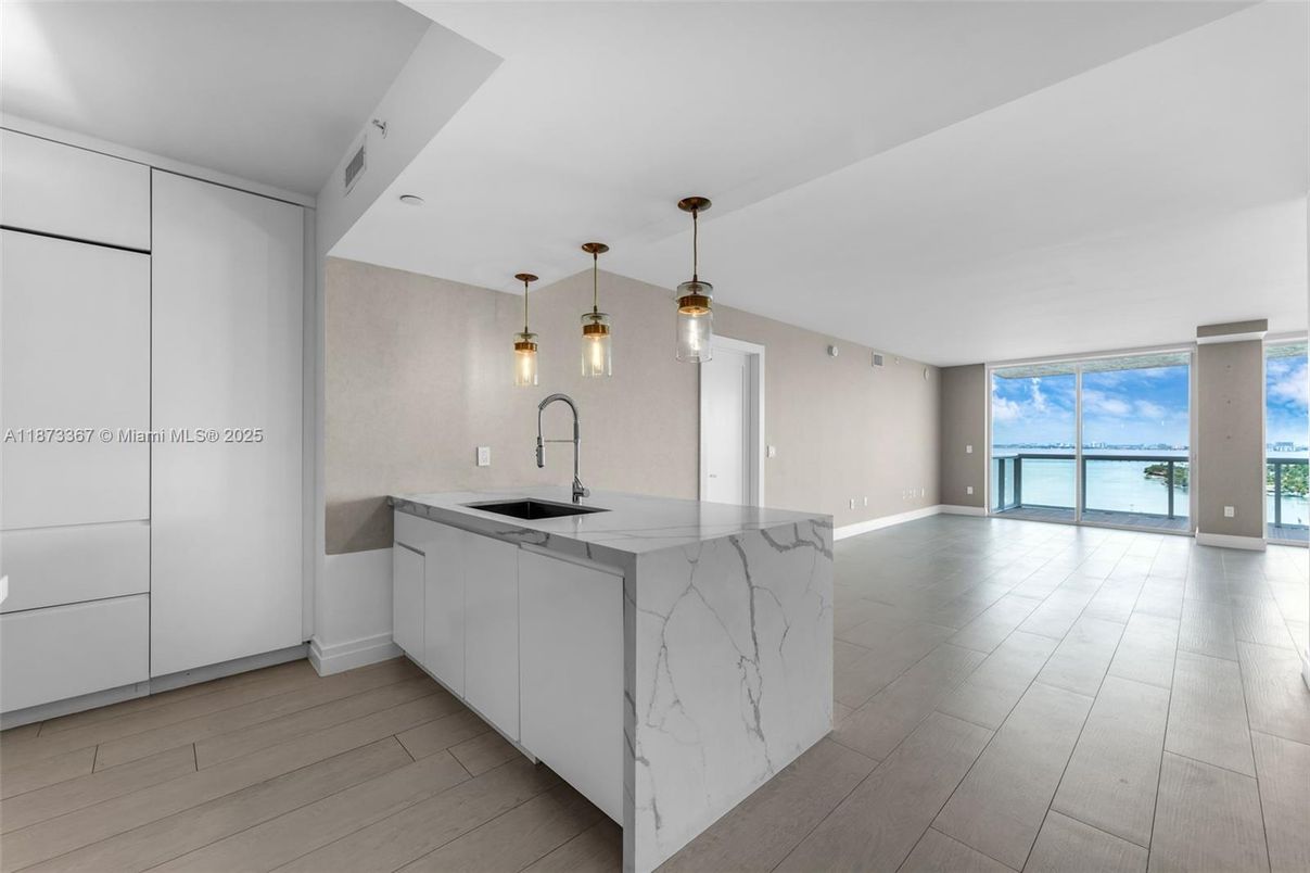 Interior, Kitchen, Pendant Lights, Water, Wood Texture Flooring
