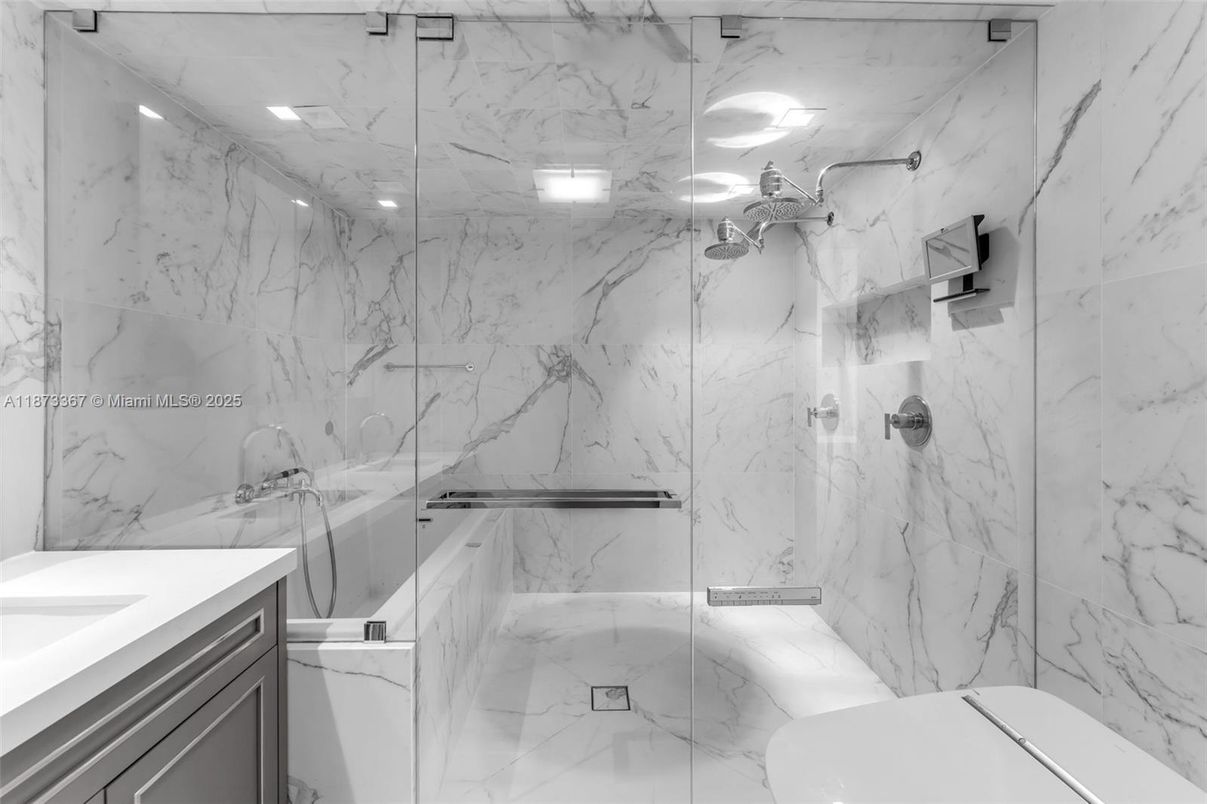 Bathroom, Glass Shower, Interior, Marble, Marble Walls, Recessed Lighting