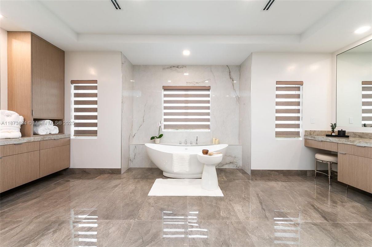 Bathroom, Free Standing Baths, Interior, Marble Walls, Recessed Lighting