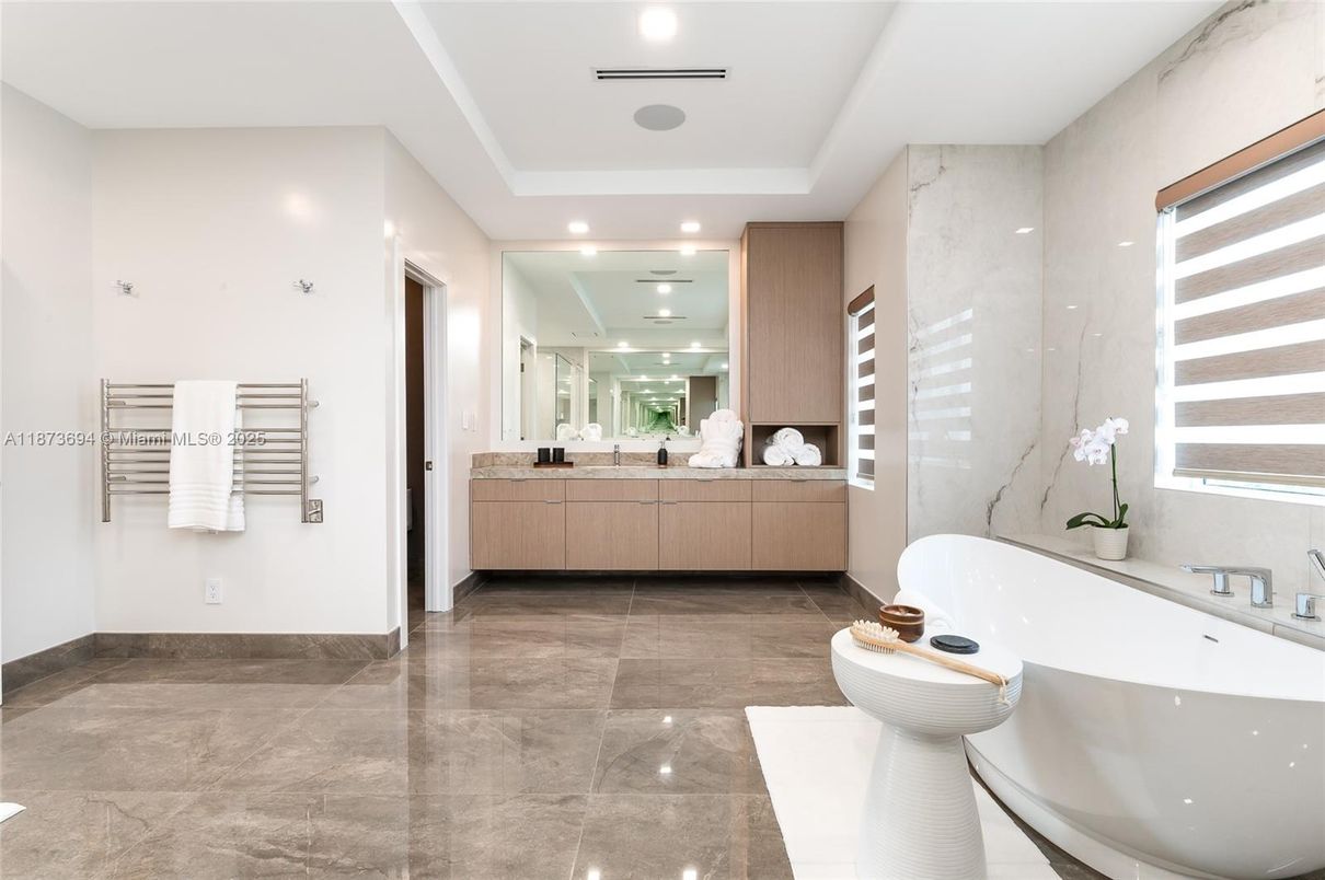 Bathroom, Dual Sink Vanities, Free Standing Baths, Interior, Marble Walls, Recessed Lighting
