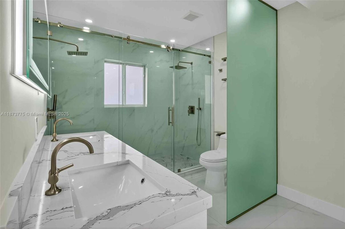 Bathroom, Glass Shower, Interior, Marble, Marble Walls, Recessed Lighting