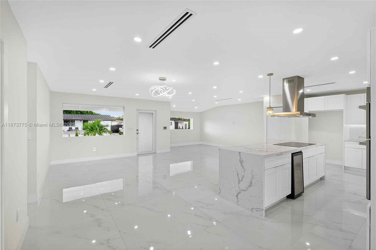 Interior, Kitchen, Marble, Pendant Lights, Recessed Lighting, Stainless Steel Appliances