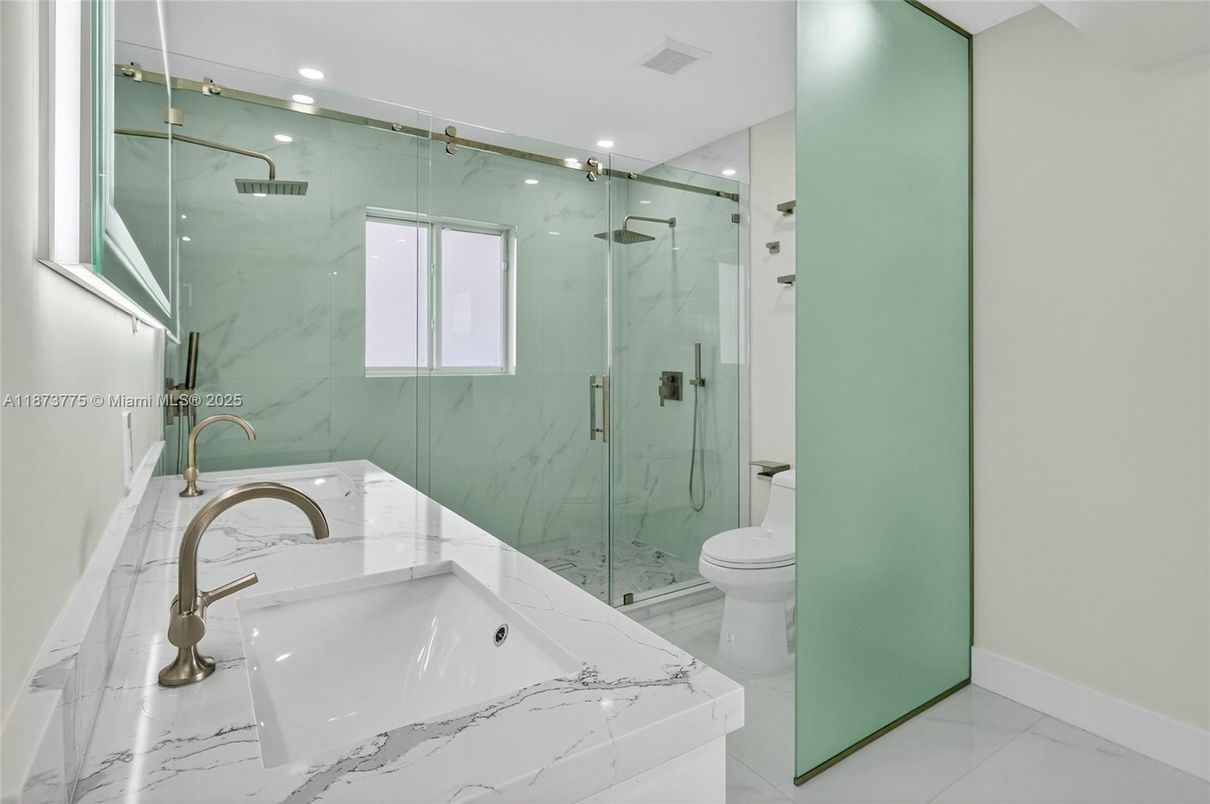 Bathroom, Glass Shower, Interior, Marble, Marble Walls, Recessed Lighting