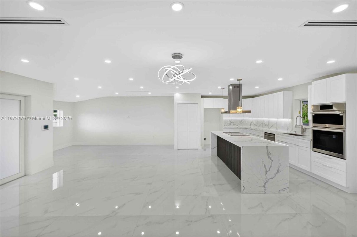 Interior, Kitchen, Marble, Pendant Lights, Recessed Lighting, Stainless Steel Appliances