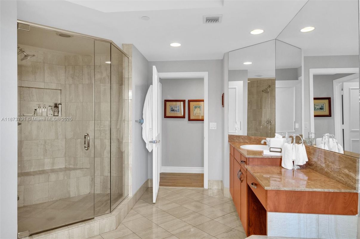 Bathroom, Dual Sink Vanities, Glass Shower, Interior, Recessed Lighting
