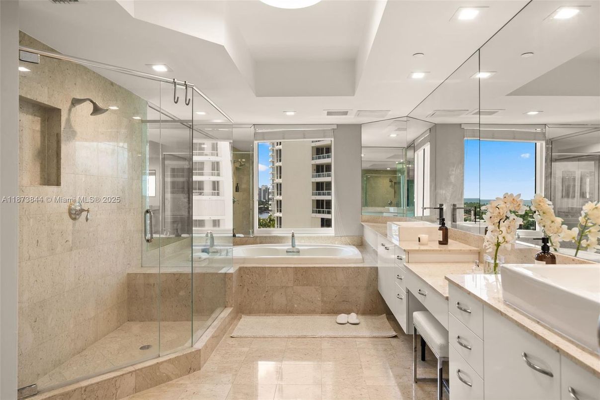 Bathroom, Dual Sink Vanities, Glass Shower, Interior, Recessed Lighting