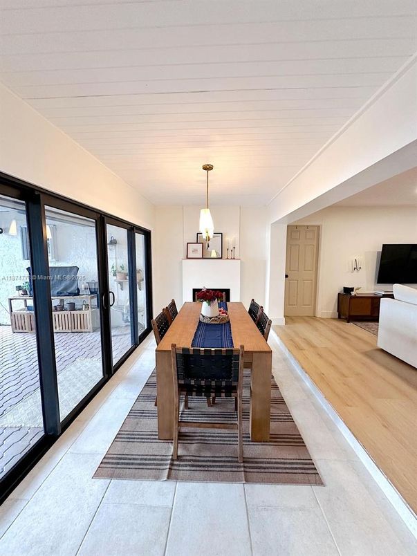 Dining room, Interior, Pendant Lights, Wood Texture Flooring