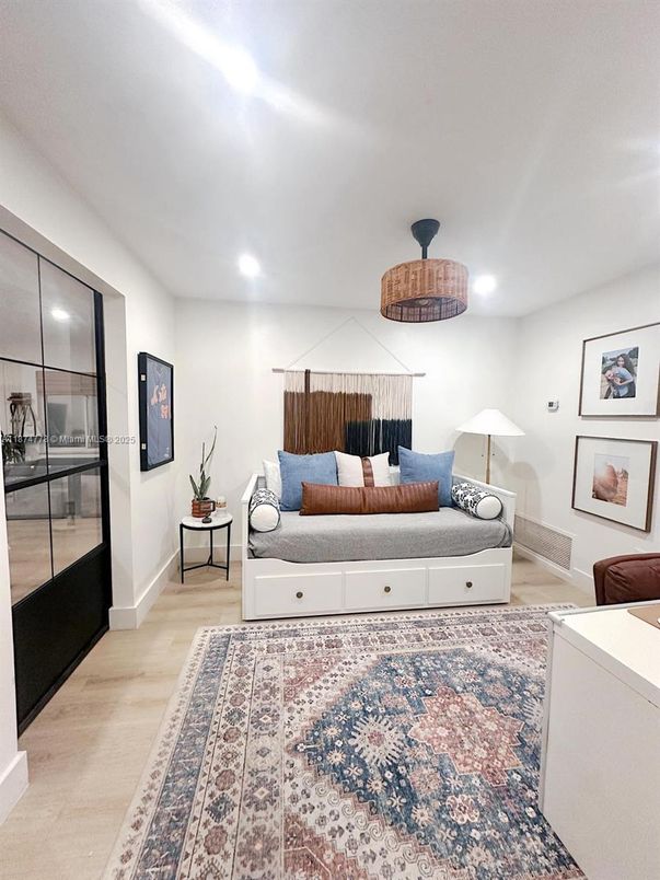 Bedroom, Interior, Recessed Lighting, Wood Texture Flooring