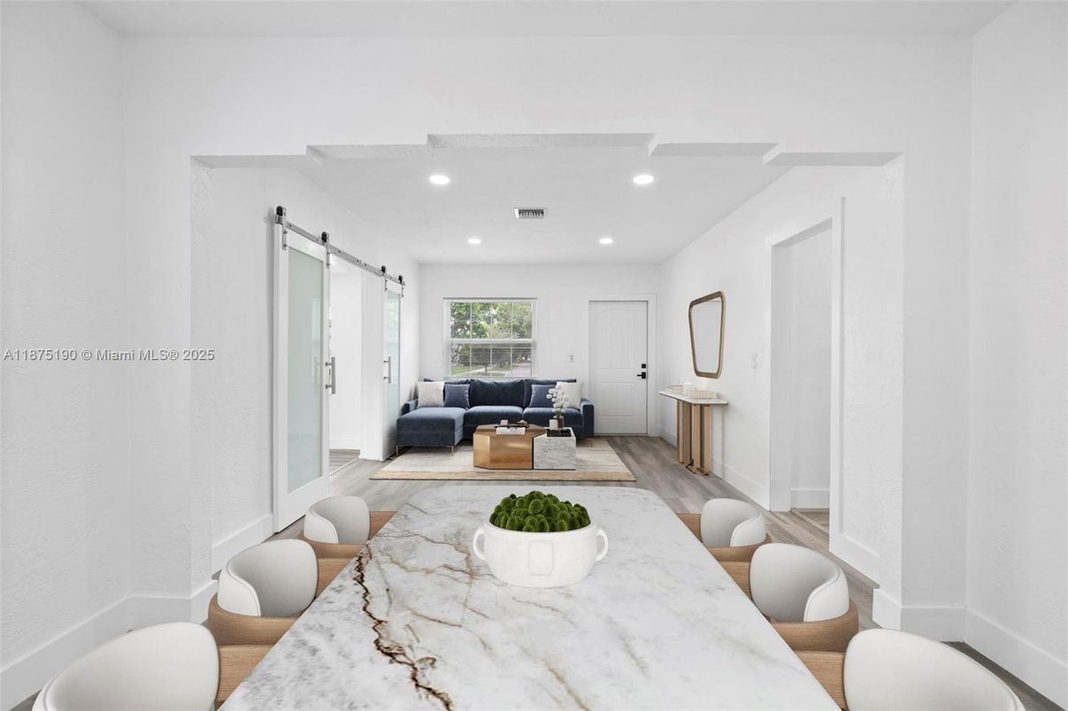 Dining room, Interior, Living room, Recessed Lighting, Wood Texture Flooring