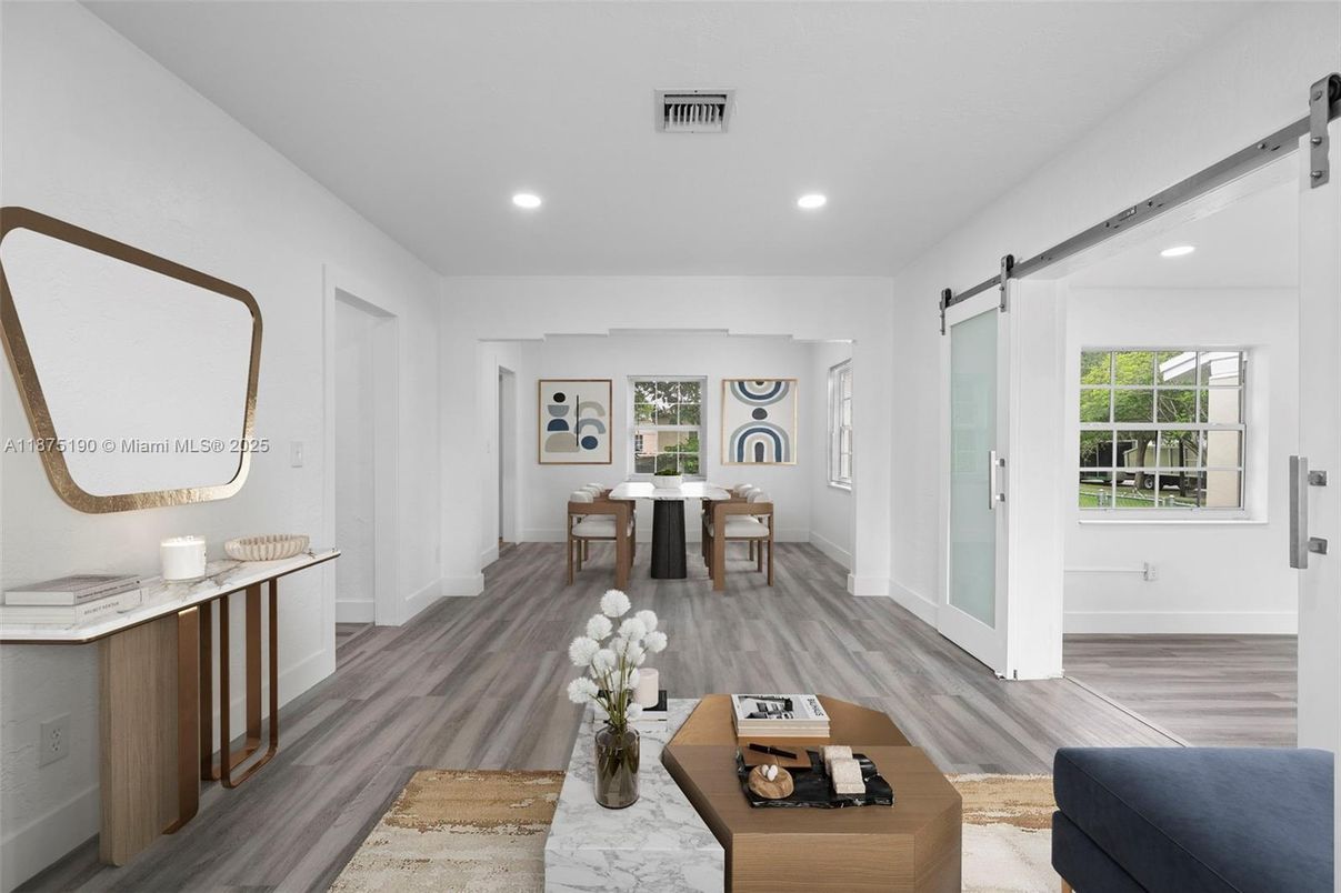Dining room, Interior, Living room, Recessed Lighting, Wood Texture Flooring