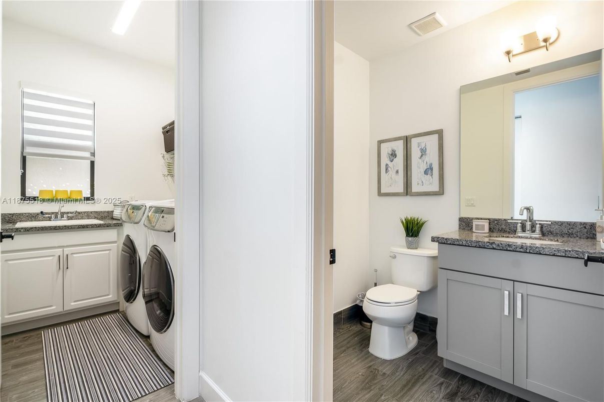 Bathroom, Interior, Washer, Wood Texture Flooring