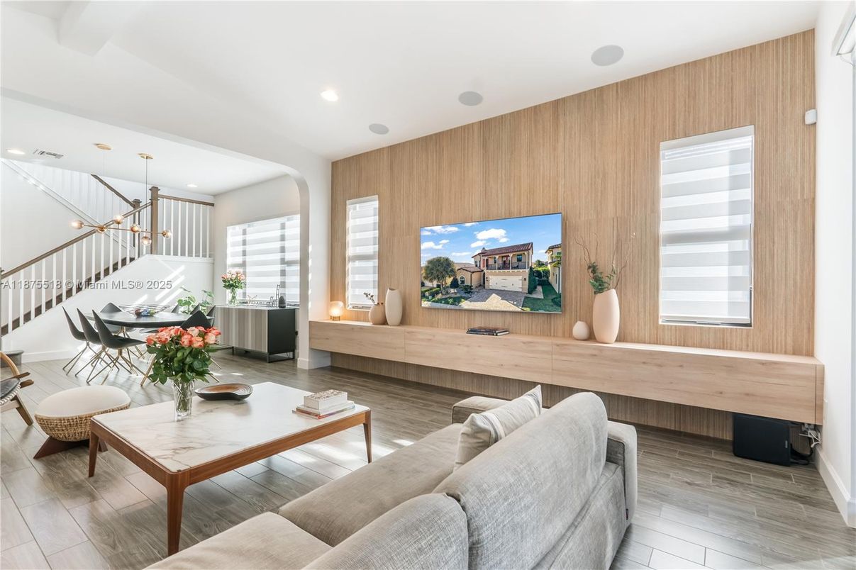 Interior, Living room, Pendant Lights, Recessed Lighting, Wood Texture Flooring, Wooden Walls