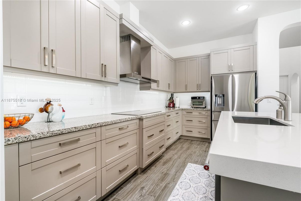 Interior, Kitchen, Recessed Lighting, Stainless Steel Appliances, Wood Texture Flooring