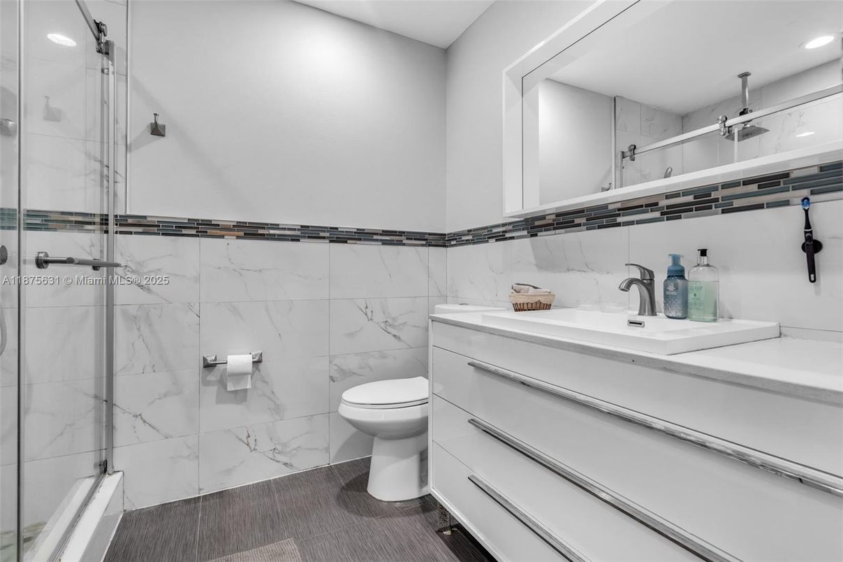 Bathroom, Glass Shower, Interior, Marble Walls, Recessed Lighting