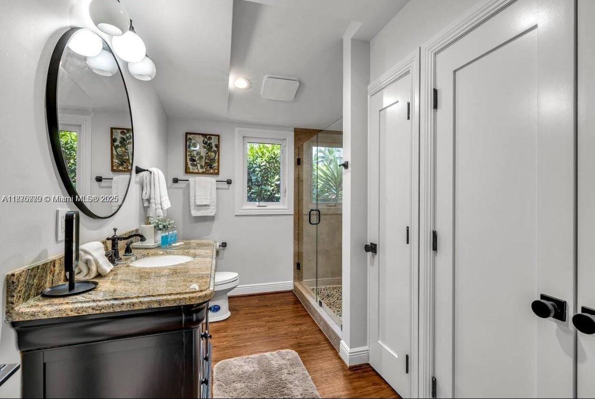 Bathroom, Glass Shower, Interior, Recessed Lighting, Wood Texture Flooring