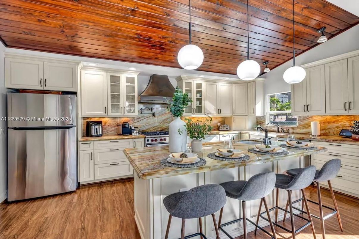 Interior, Kitchen, Pendant Lights, Stainless Steel Appliances, Wooden Ceilings, Wood Texture Flooring