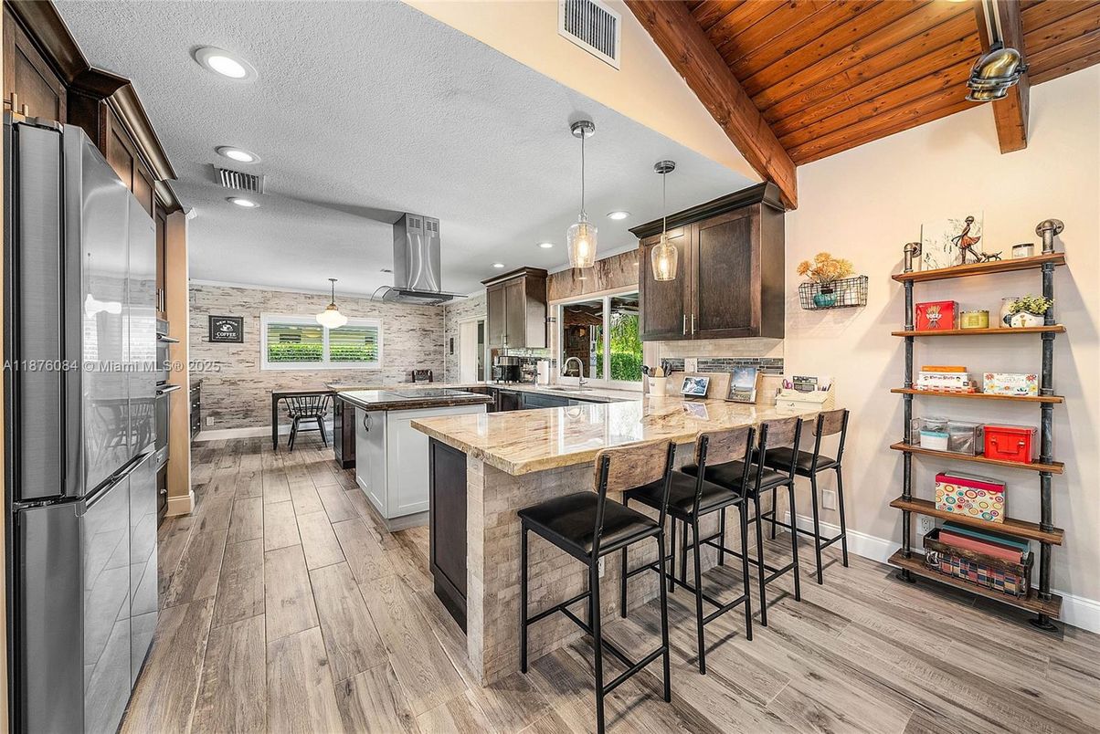 Interior, Kitchen, Pendant Lights, Recessed Lighting, Stainless Steel Appliances, Wooden Beams, Wooden Ceilings, Wood Texture Flooring