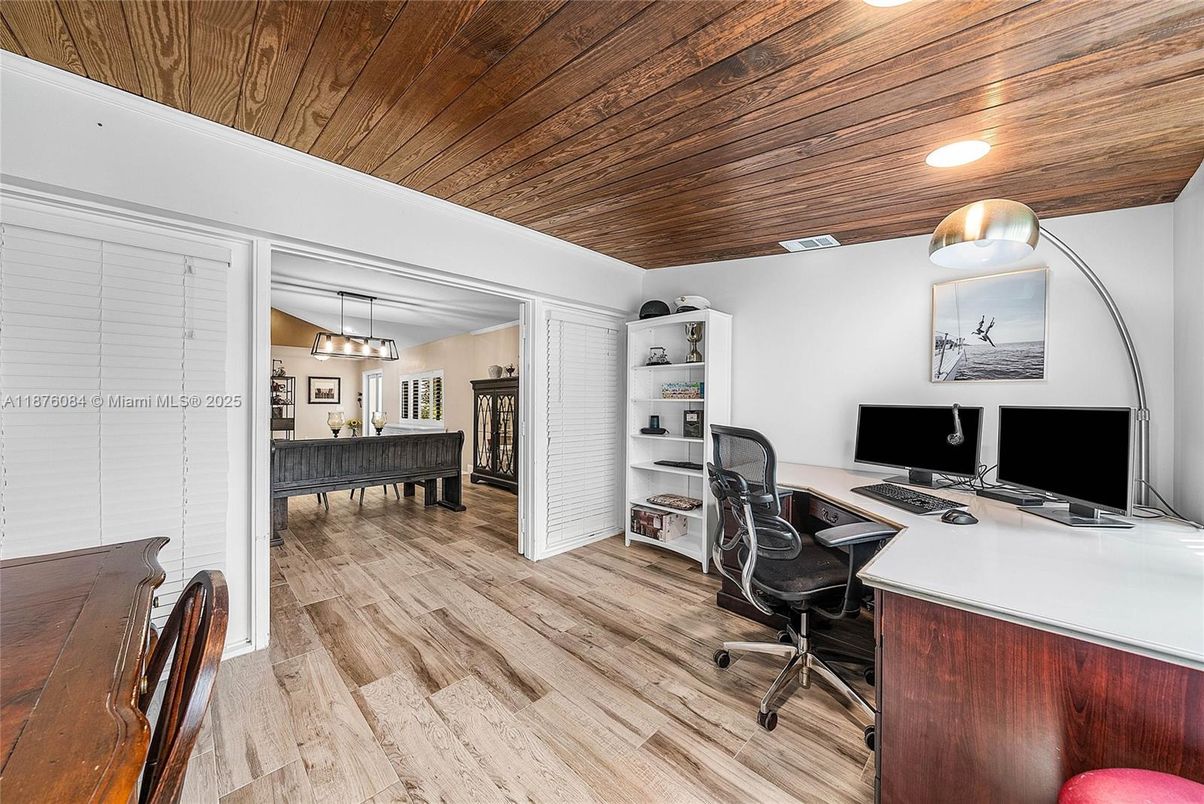 Chandelier, Home Office, Interior, Pendant Lights, Recessed Lighting, Wooden Ceilings, Wood Texture Flooring