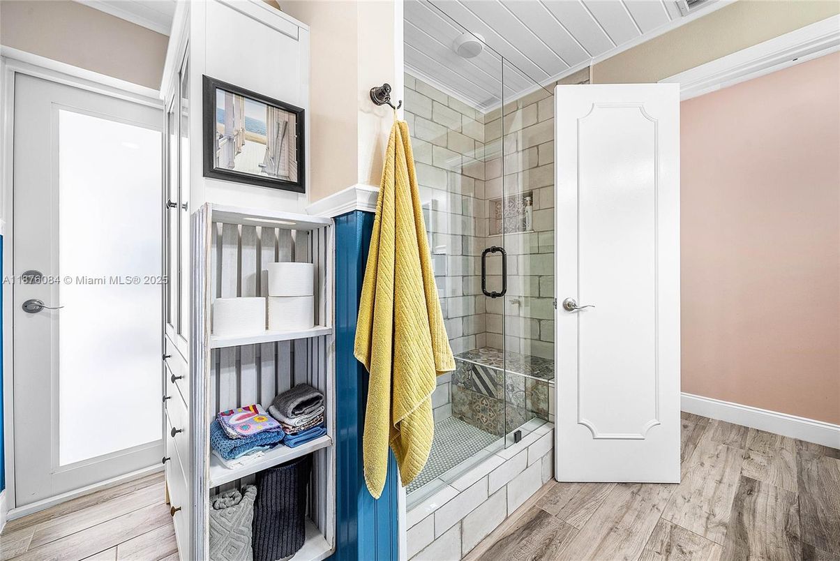 Bathroom, Glass Shower, Interior, Wood Texture Flooring
