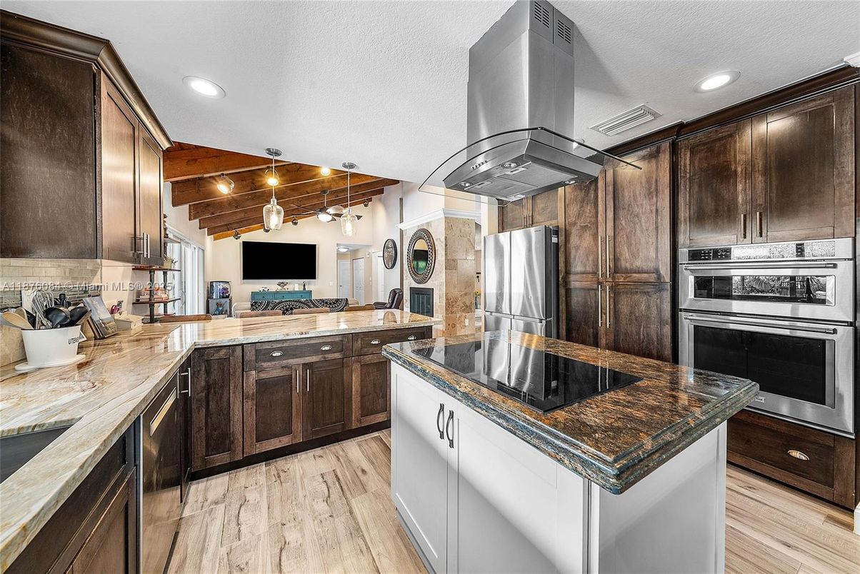 Interior, Kitchen, Pendant Lights, Recessed Lighting, Stainless Steel Appliances, Wooden Beams, Wooden Ceilings, Wood Texture Flooring