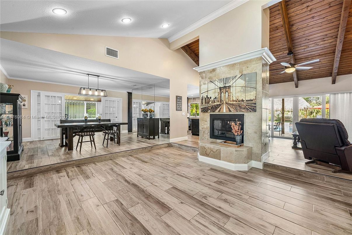 Dining room, Fireplace, Interior, Pendant Lights, Piano, Recessed Lighting, Wooden Ceilings, Wood Texture Flooring