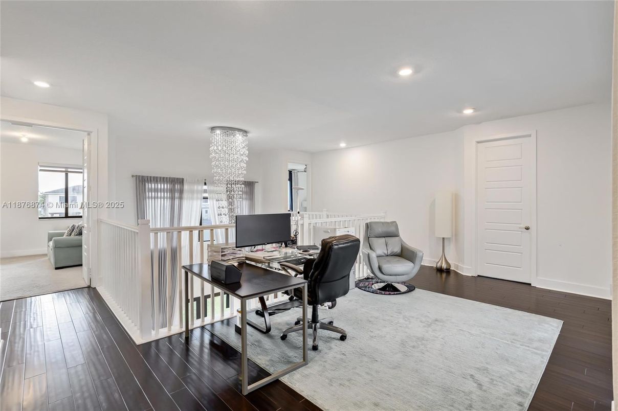 Chandelier, Home Office, Interior, Recessed Lighting, Wood Texture Flooring