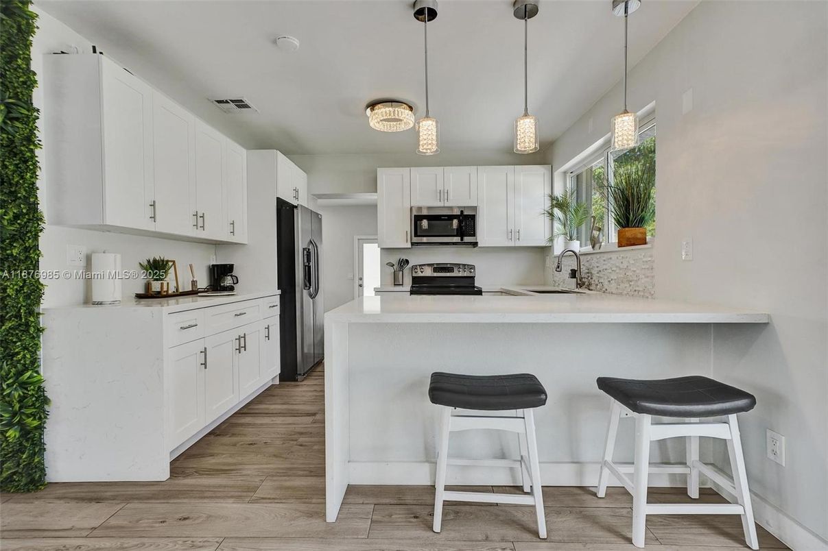Interior, Kitchen, Pendant Lights, Stainless Steel Appliances, Wood Texture Flooring