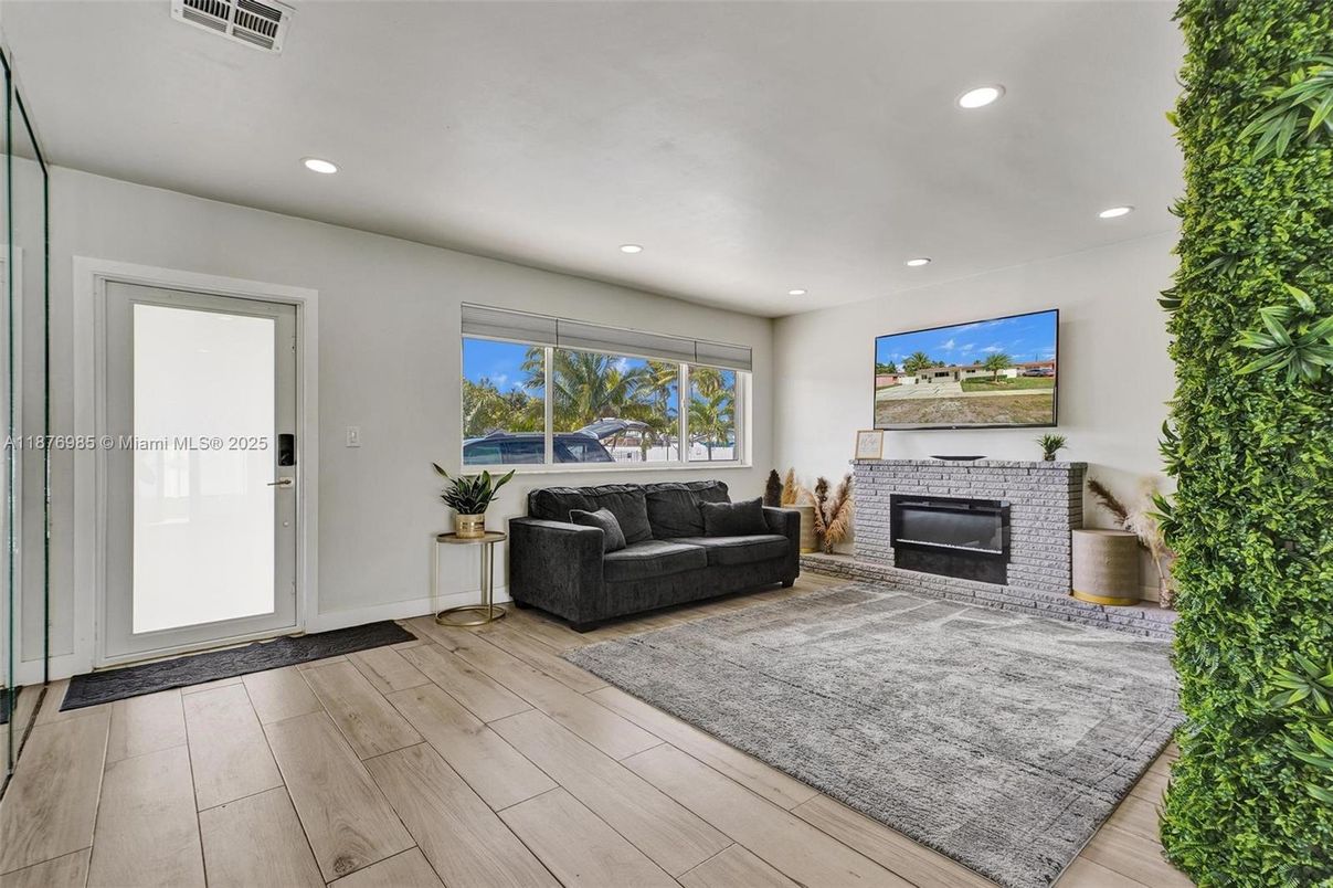Fireplace, Interior, Recessed Lighting, Wood Texture Flooring