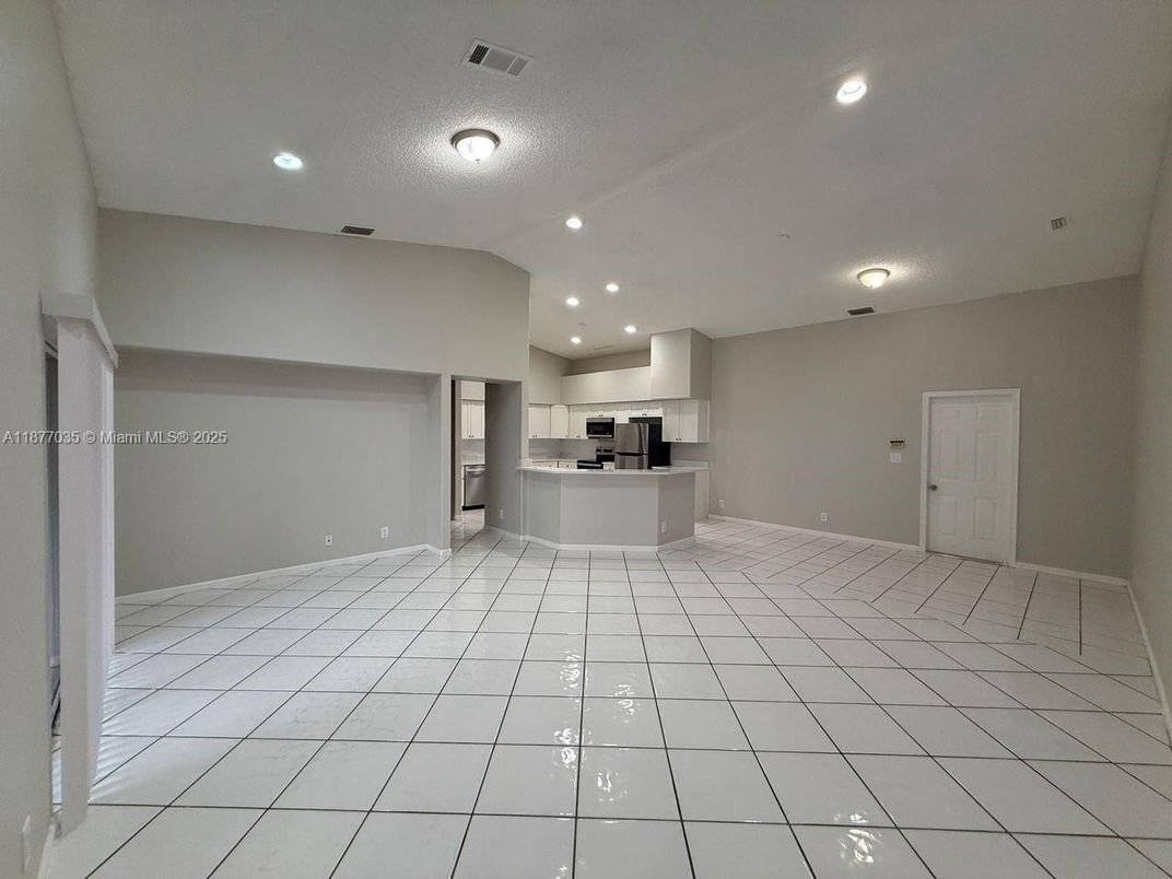 Empty room, Interior, Kitchen, Recessed Lighting, Stainless Steel Appliances
