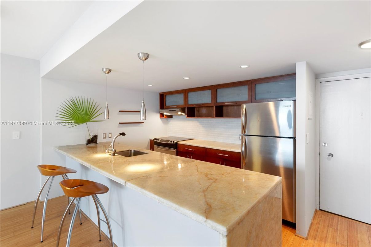Interior, Kitchen, Pendant Lights, Recessed Lighting, Stainless Steel Appliances, Wood Texture Flooring