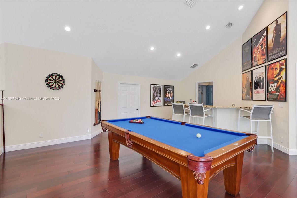 Billiard Table, Game Room, Interior, Recessed Lighting, Wood Texture Flooring