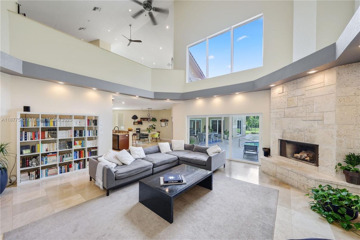 Fireplace, Interior, Living room, Recessed Lighting, Stone Walls