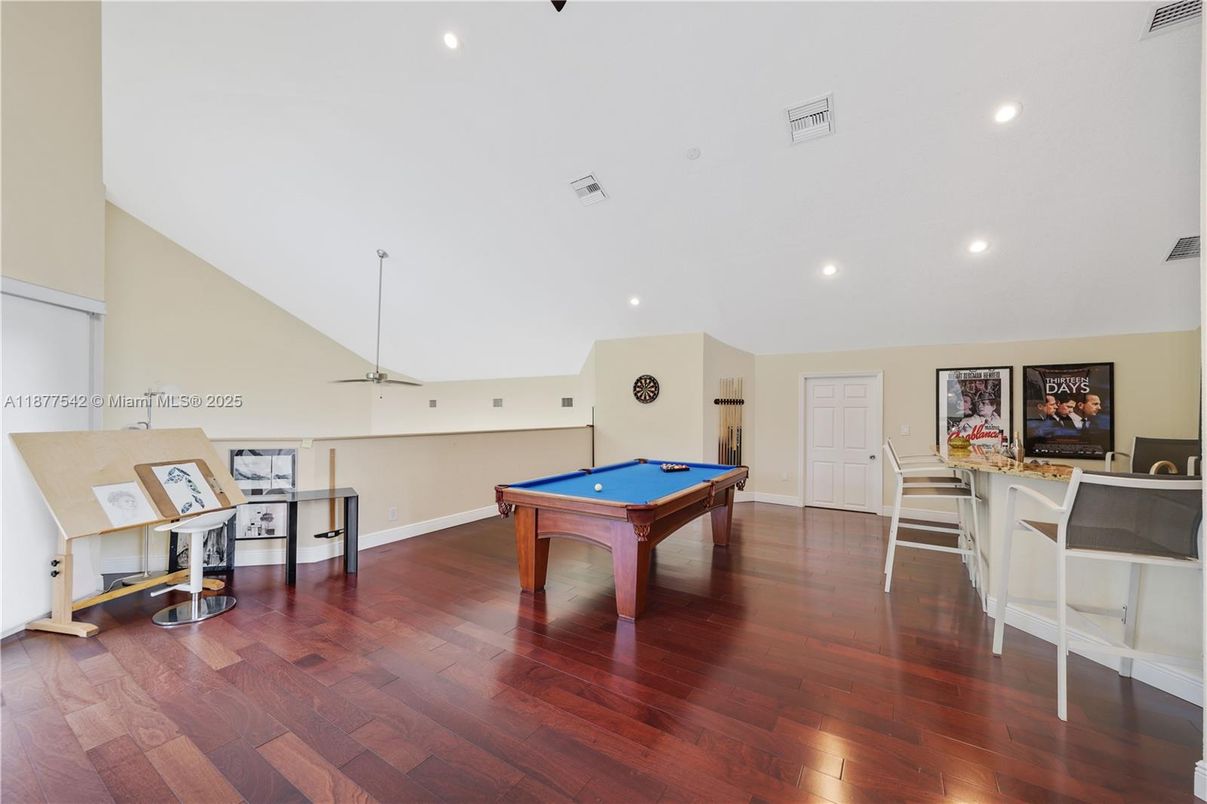 Billiard Table, Game Room, Interior, Recessed Lighting, Wood Texture Flooring