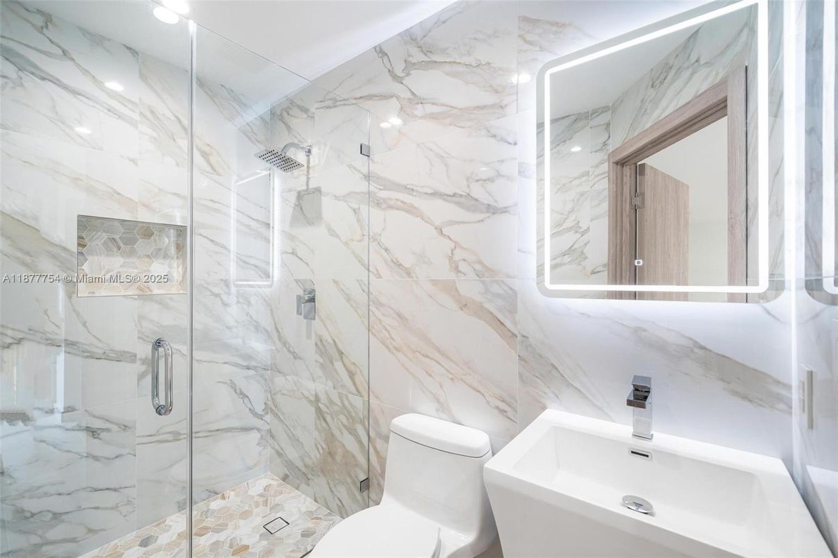 Bathroom, Glass Shower, Interior, Marble Walls, Recessed Lighting