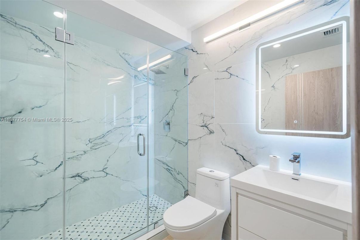 Bathroom, Glass Shower, Interior, Marble Walls, Recessed Lighting