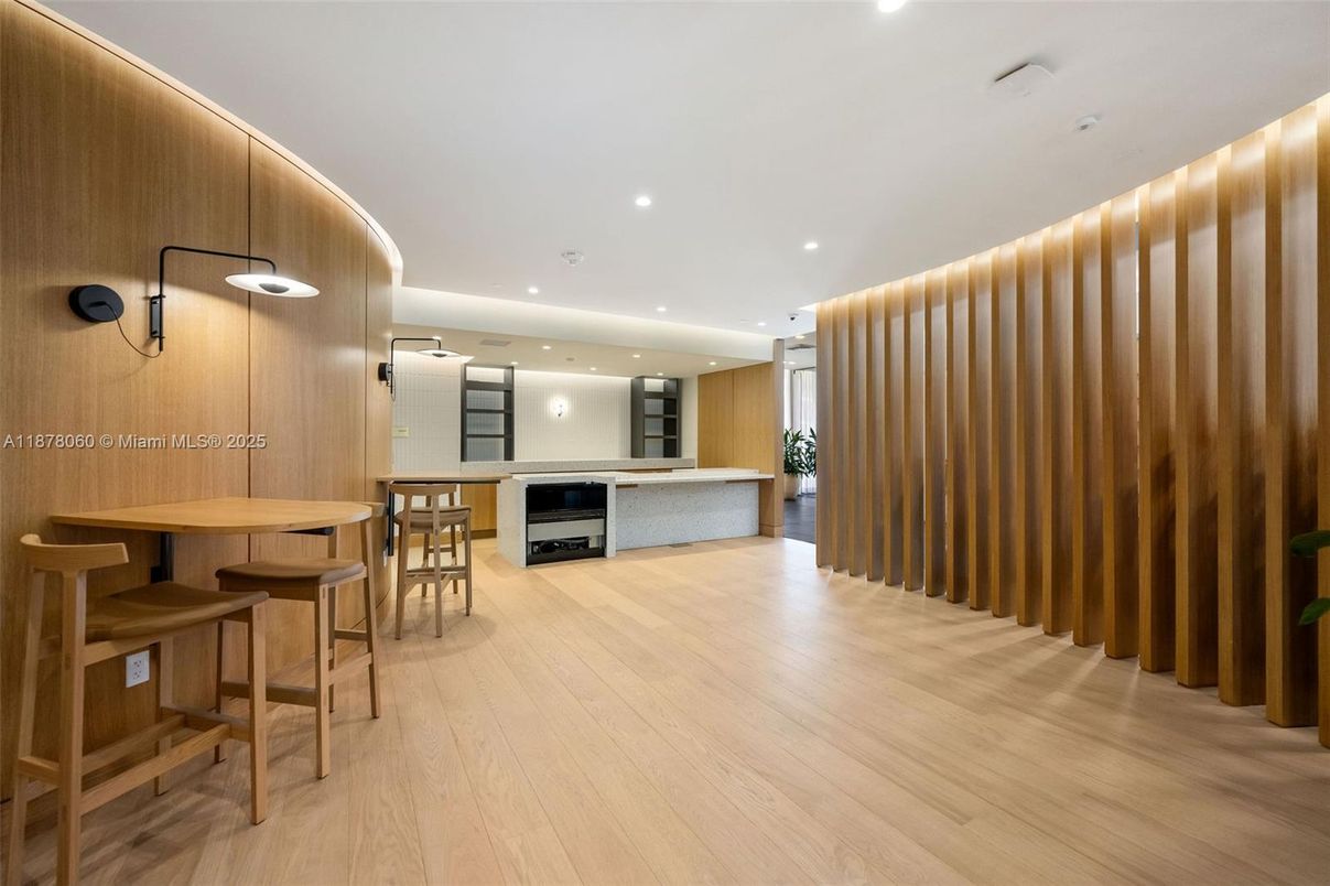 Interior, Kitchen, Recessed Lighting, Wood Texture Flooring, Wooden Walls