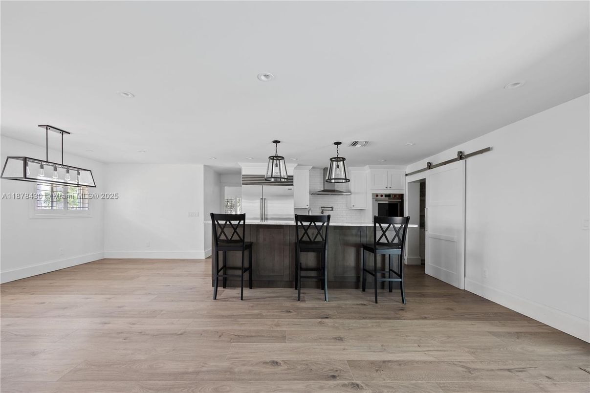 Interior, Kitchen, Pendant Lights, Recessed Lighting, Wood Texture Flooring