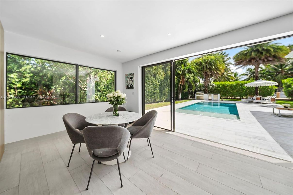 Dining room, Interior, Pool, Recessed Lighting, Wood Texture Flooring