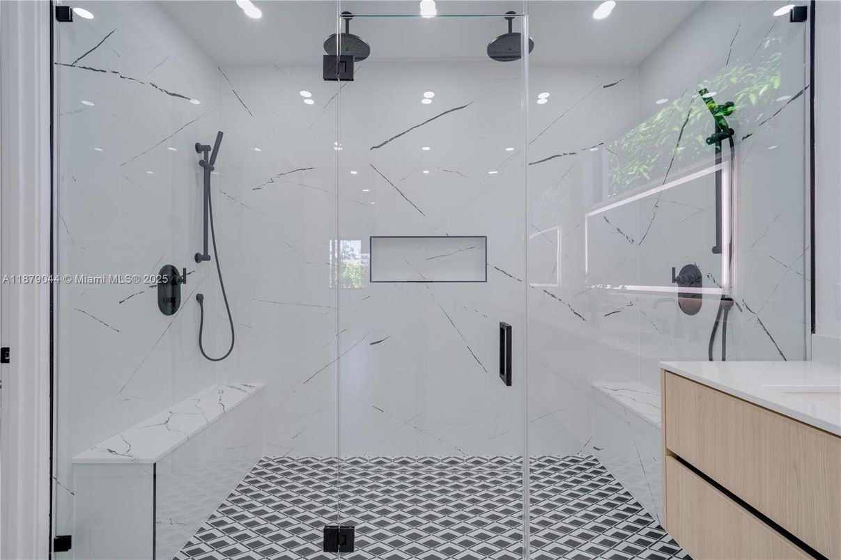 Bathroom, Glass Shower, Interior, Marble Walls, Recessed Lighting
