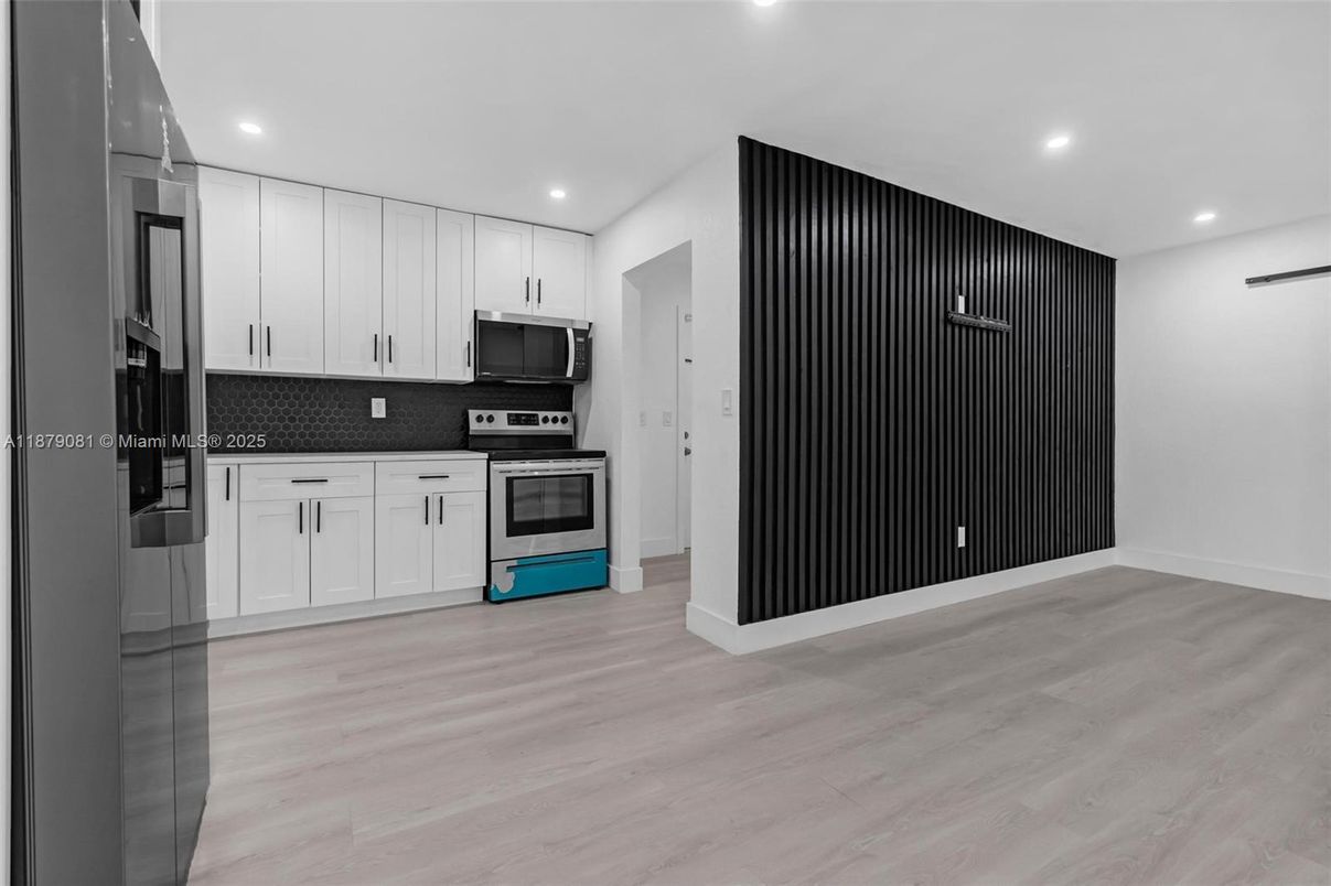 Interior, Kitchen, Recessed Lighting, Stainless Steel Appliances, Wood Texture Flooring