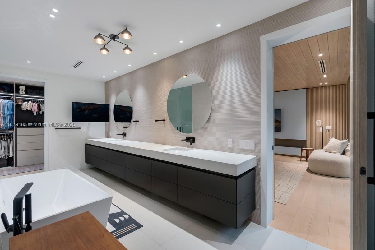 Bathroom, Dual Sink Vanities, Interior, Recessed Lighting, Wooden Ceilings, Wood Texture Flooring, Wooden Walls