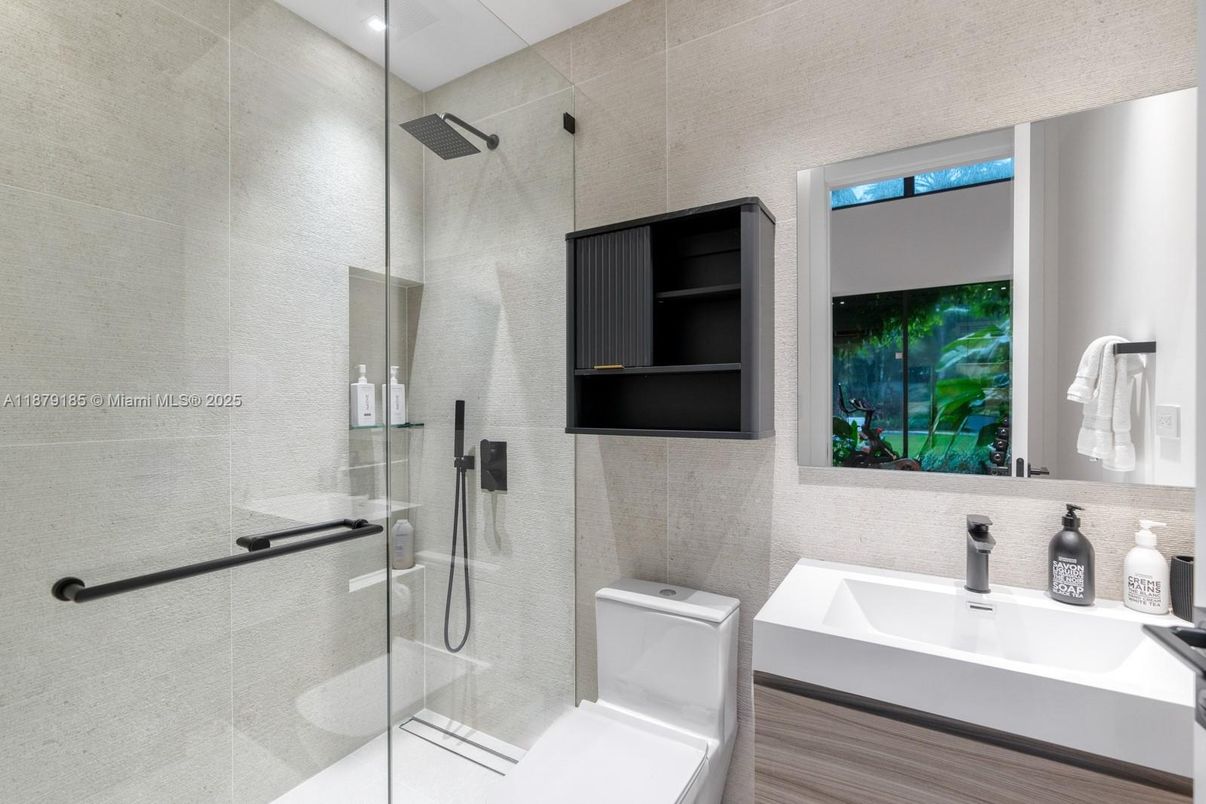 Bathroom, Glass Shower, Interior, Recessed Lighting, Wood Texture Flooring