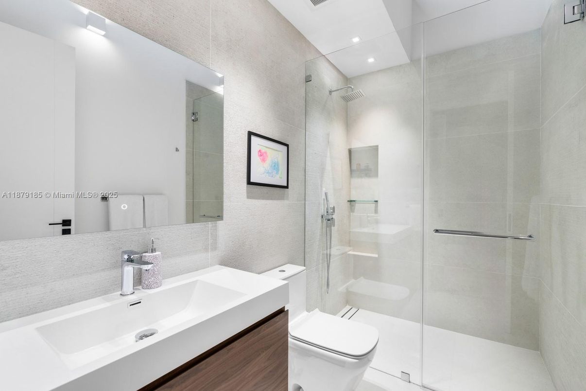 Bathroom, Glass Shower, Interior, Recessed Lighting, Wood Texture Flooring