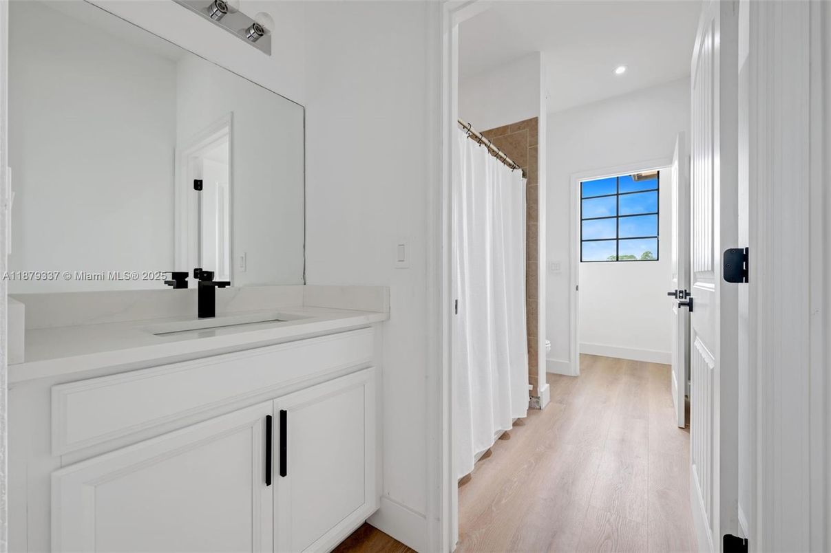 Bathroom, Interior, Recessed Lighting, Wood Texture Flooring