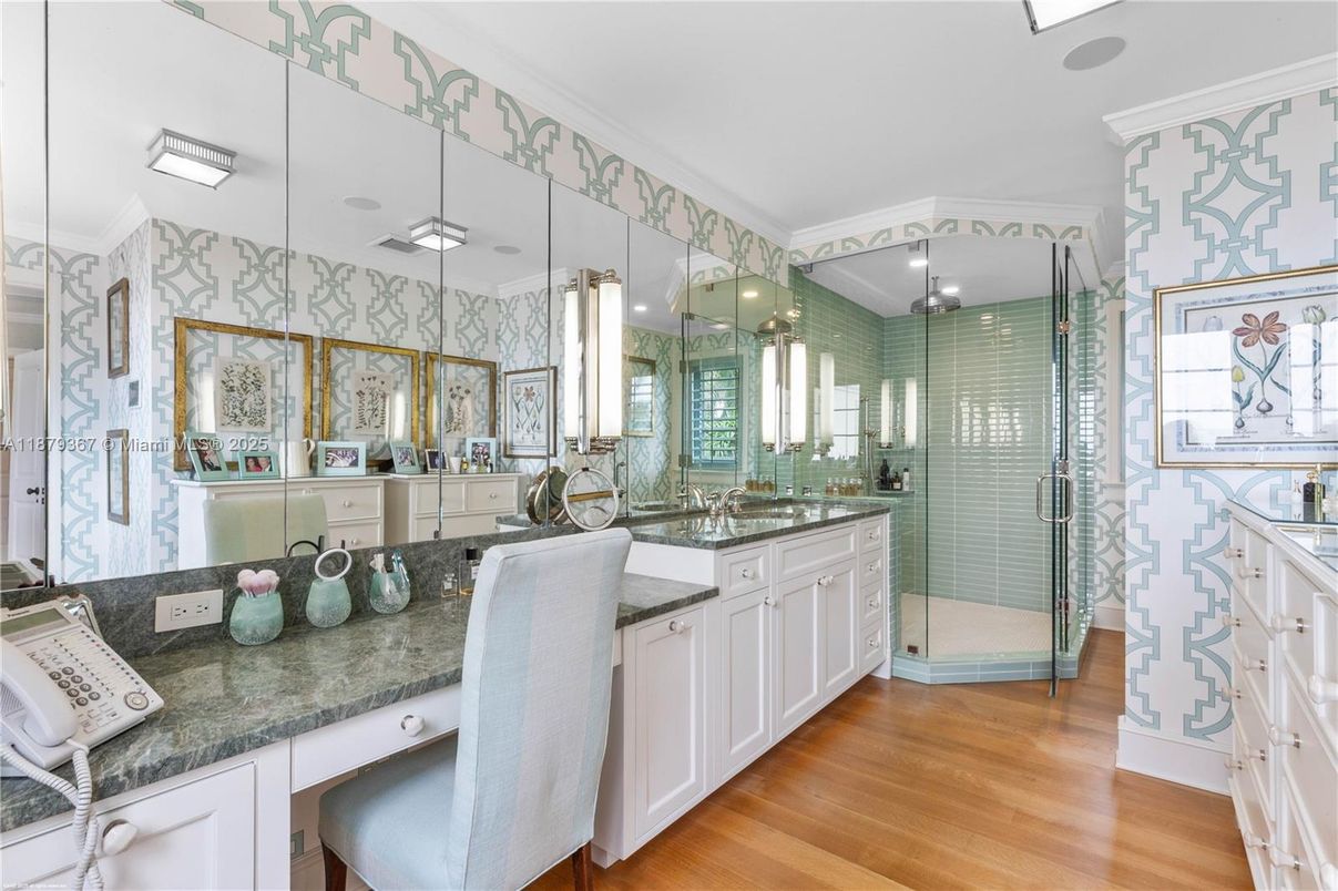 Bathroom, Dual Sink Vanities, Glass Shower, Interior, Recessed Lighting, Wood Texture Flooring