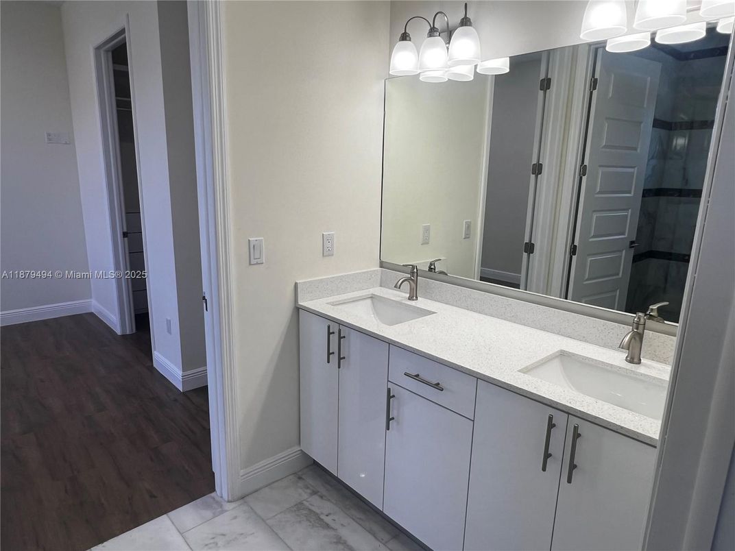 Bathroom, Dual Sink Vanities, Interior, Marble, Wood Texture Flooring