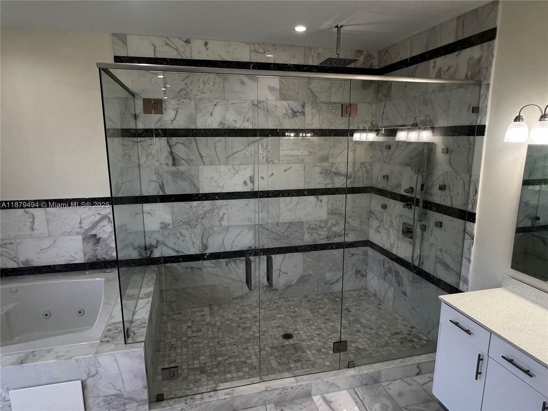 Bathroom, Glass Shower, Interior, Marble, Marble Walls, Recessed Lighting