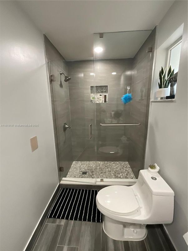 Bathroom, Glass Shower, Interior, Recessed Lighting, Wood Texture Flooring